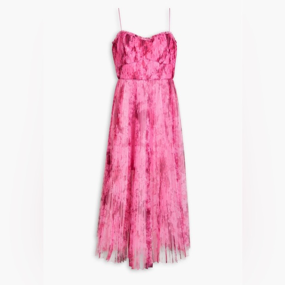 ML Monique Lhuillier Pleated Printed Tulle Midi Dress Women Size 8 - Picture 7 of 14